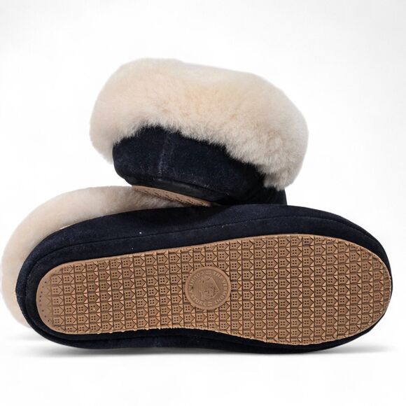 Vermont Country Store Womens Shearling Leather Suede Slippers 8M Navy Blue EUC! - Picture 4 of 6